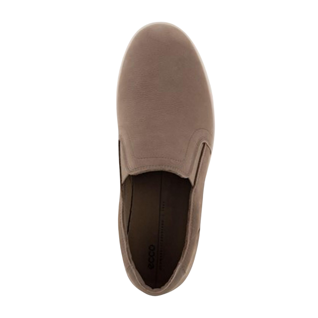 Top view of the ECCO Men’s Street Lite Slip-On in Taupe, showing the slip-on opening, elastic goring, and removable insole for custom orthotics and enhanced comfort.