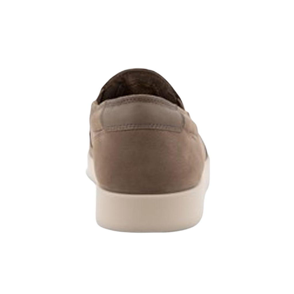 Heel view of the ECCO Men’s Street Lite Slip-On in Taupe, showcasing the padded heel collar, structured rearfoot, and lightweight rubber outsole for stability and traction.