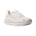 Side view of the HOKA Men’s Bondi 9 in White/White, showcasing the thick super critically foamed EVA midsole, smooth MetaRocker™ profile, and breathable recycled polyester upper for maximum cushioned support.