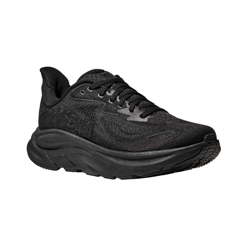 Side view of the HOKA Men’s Clifton 10 in Black/Black, showcasing the lightweight jacquard knit upper, plush CMEVA midsole cushioning, and smooth MetaRocker™ geometry for a soft, efficient ride.