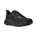 Side view of the HOKA Men’s Clifton 10 in Black/Black, showcasing the lightweight jacquard knit upper, plush CMEVA midsole cushioning, and smooth MetaRocker™ geometry for a soft, efficient ride.