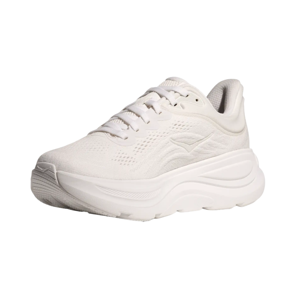 Side view of the HOKA Men’s Bondi 9 in White/White, showcasing the thick super critically foamed EVA midsole, smooth MetaRocker™ profile, and breathable recycled polyester upper for maximum cushioned support.