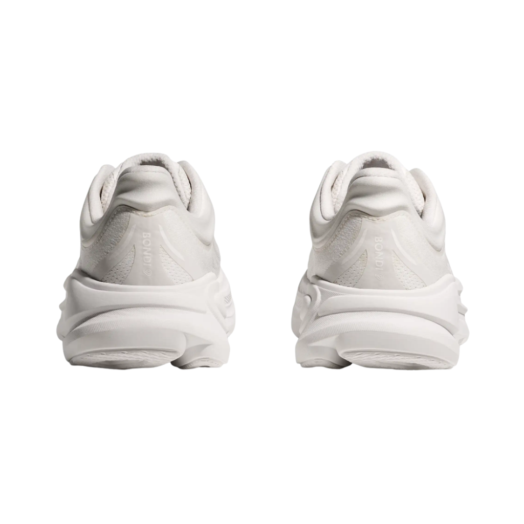 Heel view of the HOKA Men’s Bondi 9 in White/White, highlighting the rearfoot-focused Active Foot Frame™, extended heel pull tab, and 3D molded collar for secure stability and easy entry.