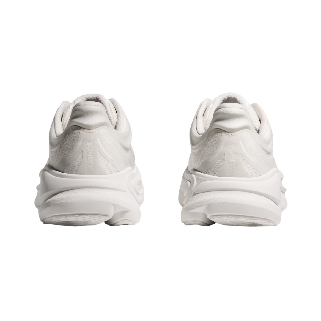 Heel view of the HOKA Men’s Bondi 9 in White/White, highlighting the rearfoot-focused Active Foot Frame™, extended heel pull tab, and 3D molded collar for secure stability and easy entry.