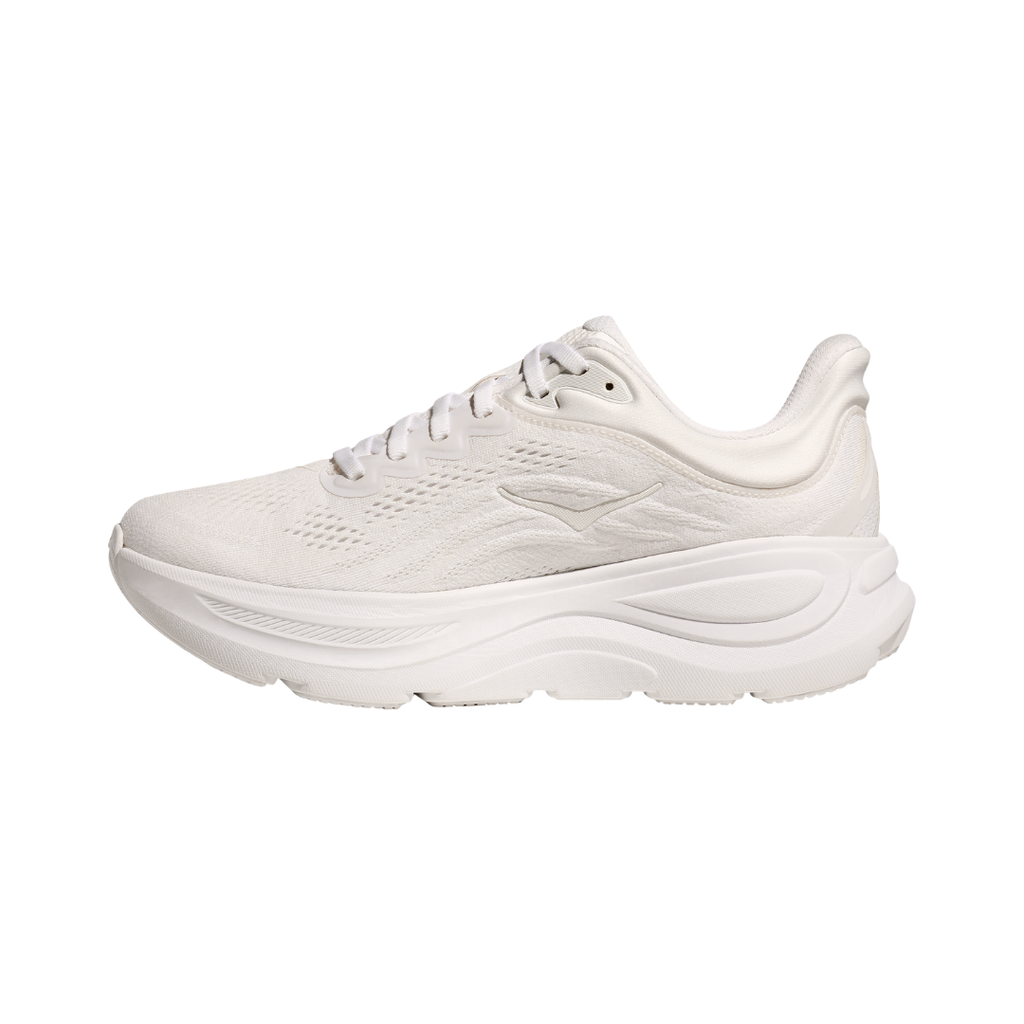 Side view of the HOKA Men’s Bondi 9 in White/White, showcasing the thick super critically foamed EVA midsole, smooth MetaRocker™ profile, and breathable recycled polyester upper for maximum cushioned support.