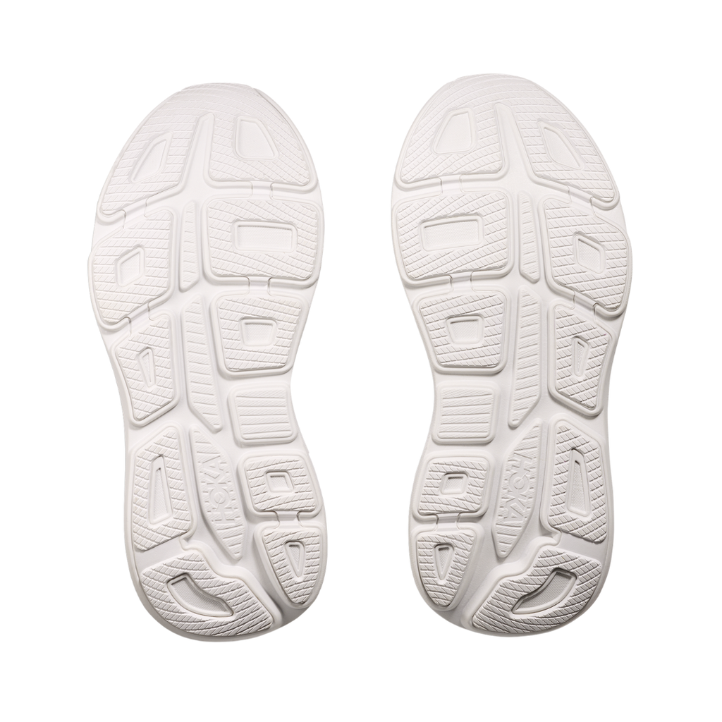 Bottom view of the HOKA Men’s Bondi 9 in White/White, highlighting the Durabrasion rubber outsole with high-wear traction zones for durability and reliable grip.