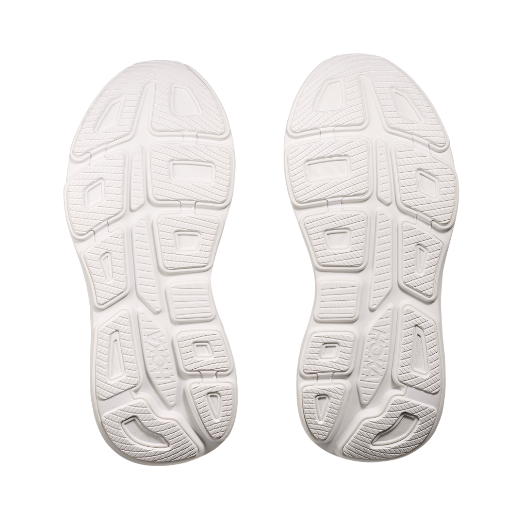 Bottom view of the HOKA Men’s Bondi 9 in White/White, highlighting the Durabrasion rubber outsole with high-wear traction zones for durability and reliable grip.