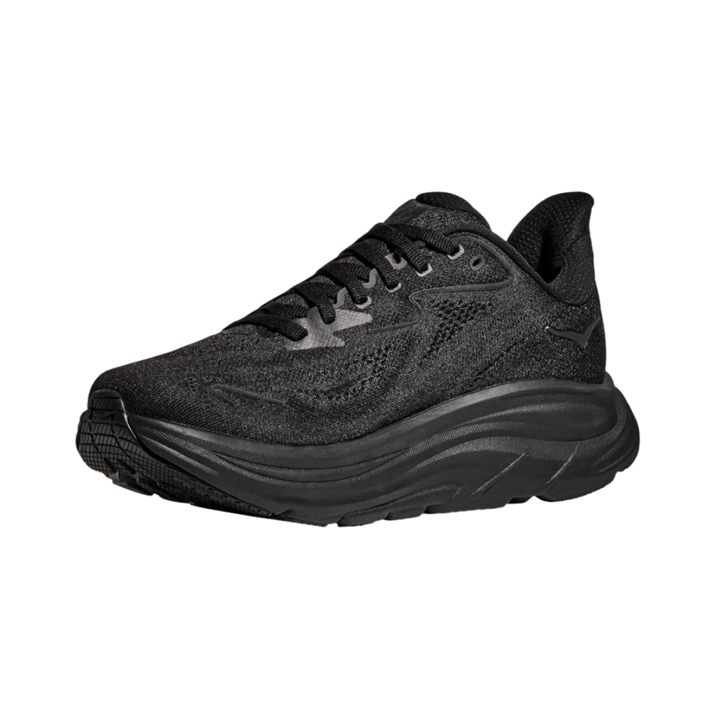 Side view of the HOKA Men’s Clifton 10 in Black/Black, showcasing the lightweight jacquard knit upper, plush CMEVA midsole cushioning, and smooth MetaRocker™ geometry for a soft, efficient ride.