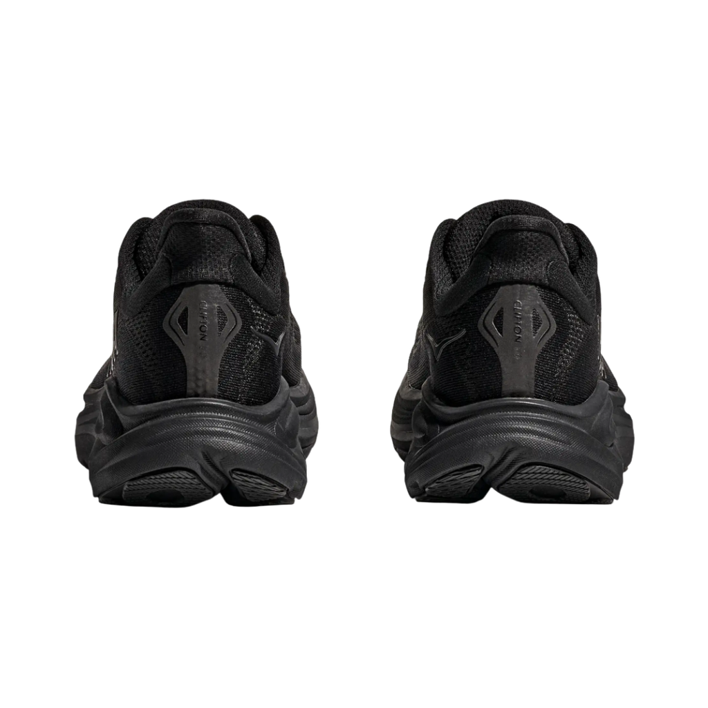 Heel view of the HOKA Men’s Clifton 10 in Black/Black, highlighting the rearfoot-focused Active Foot Frame™ and padded heel collar for stable landings and secure support.