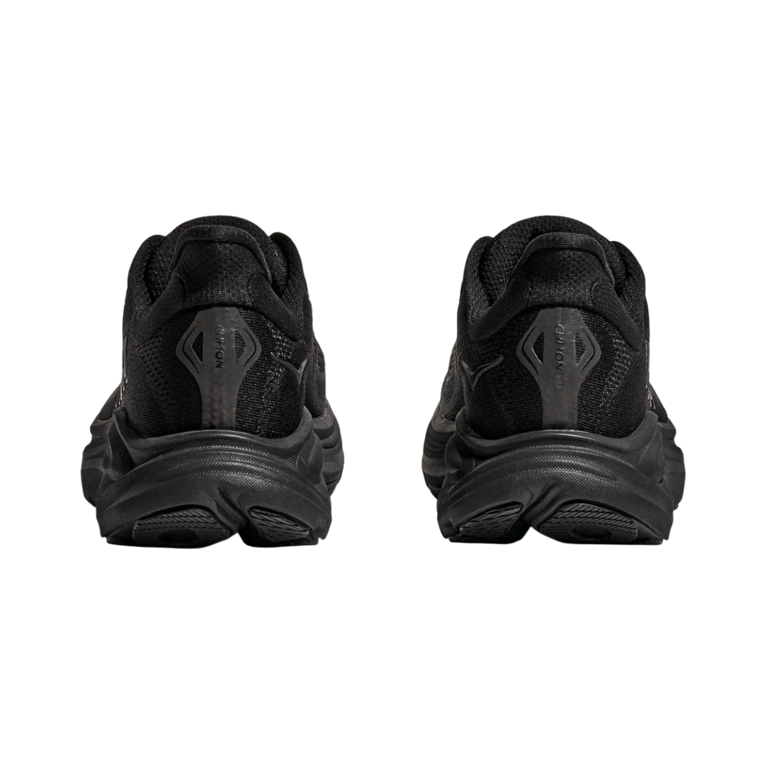 Heel view of the HOKA Men’s Clifton 10 in Black/Black, highlighting the rearfoot-focused Active Foot Frame™ and padded heel collar for stable landings and secure support.