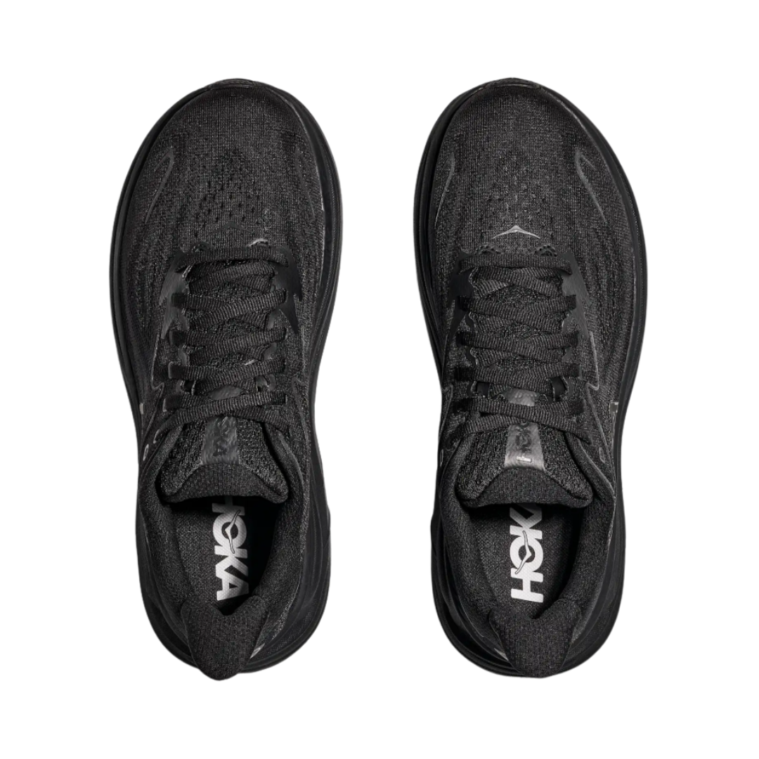 Top view of the HOKA Men’s Clifton 10 in Black/Black, showing the molded EVA sockliner, padded tongue, and double-lace lock system for secure, cushioned all-day comfort.