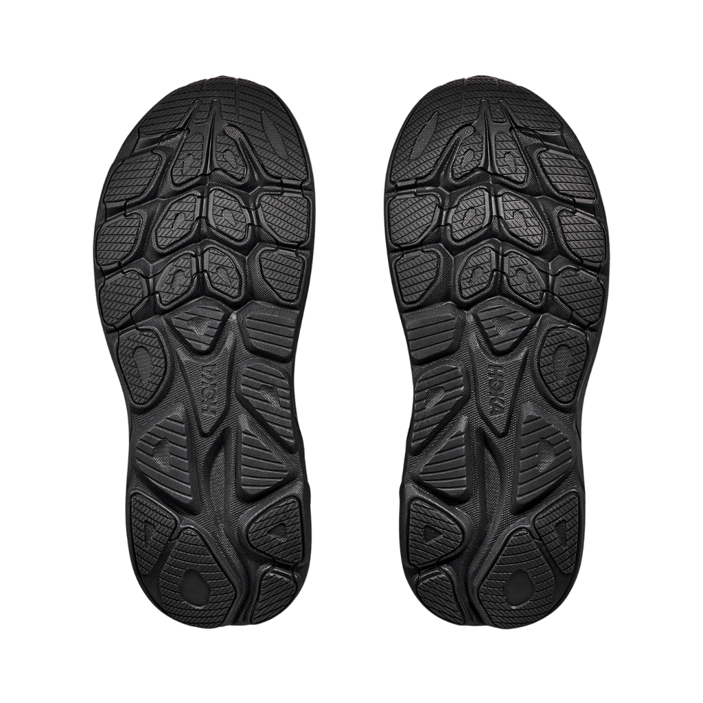 Bottom view of the HOKA Men’s Clifton 10 in Black/Black, highlighting the durable outsole with traction zones designed for reliable grip and long-lasting performance.